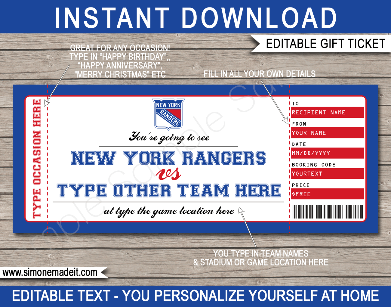 New York Rangers Game Ticket Gift Voucher Printable Surprise 