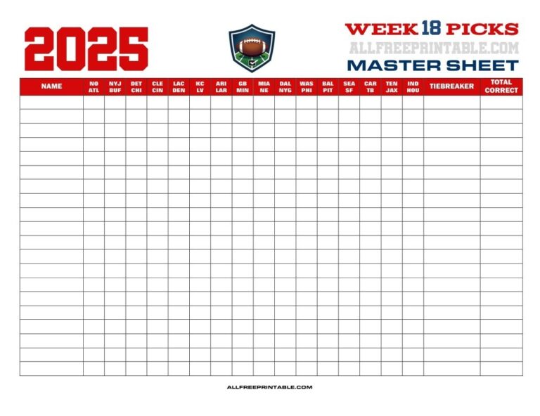 NFL Week 18 Pick em Master Sheet 2025 Free Printable