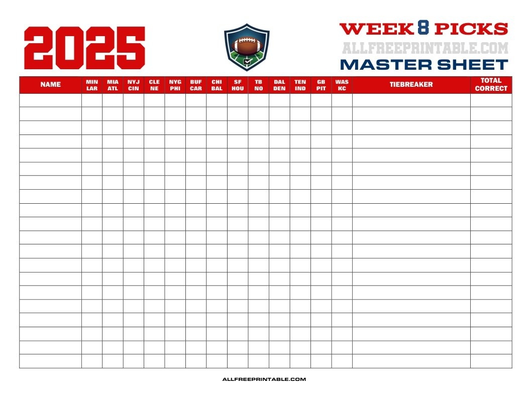 NFL Week 8 Pick em Master Sheet 2025 Free Printable