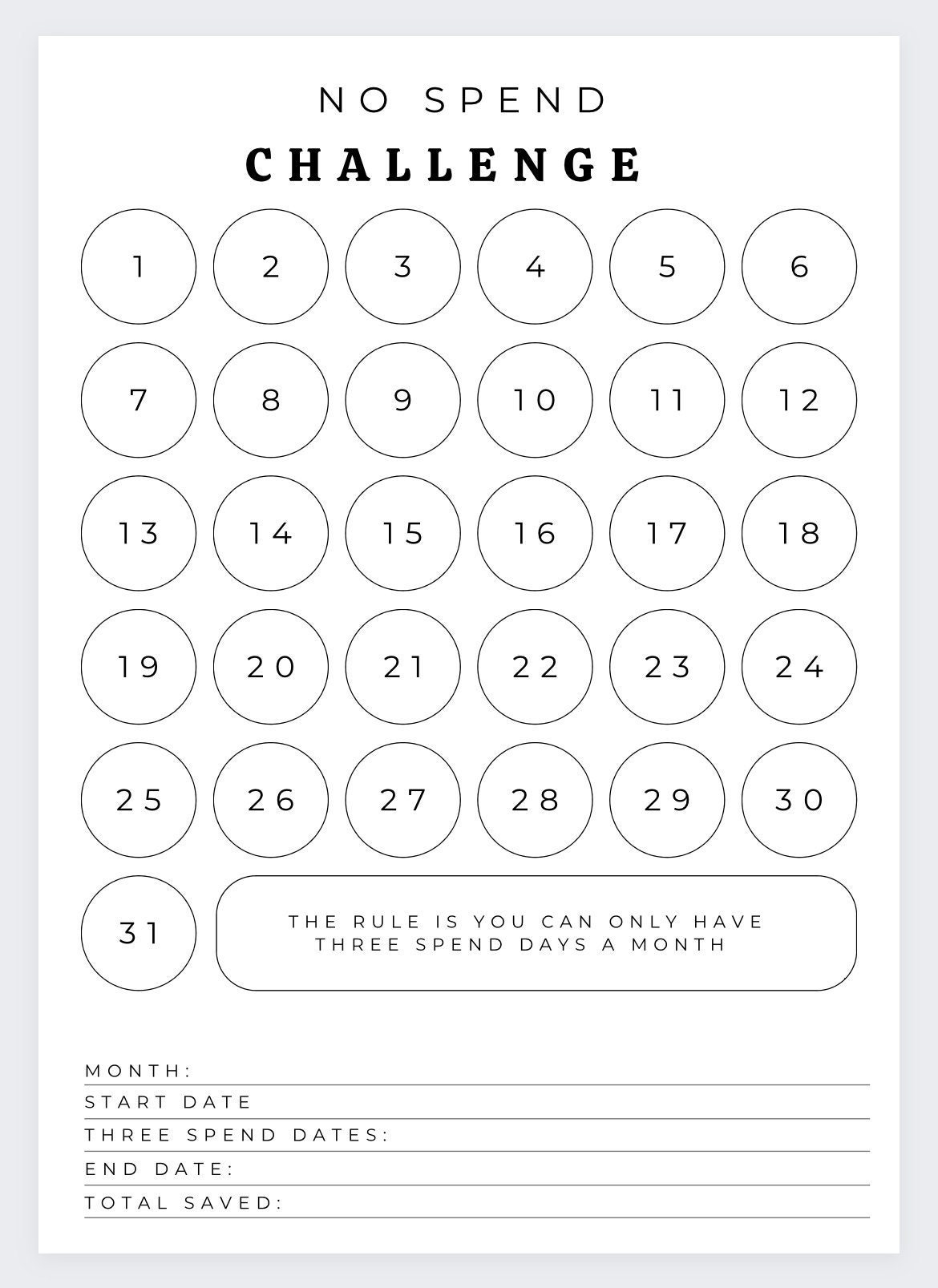 No Spend Month Challenge spending No Spend Tracker Savings 