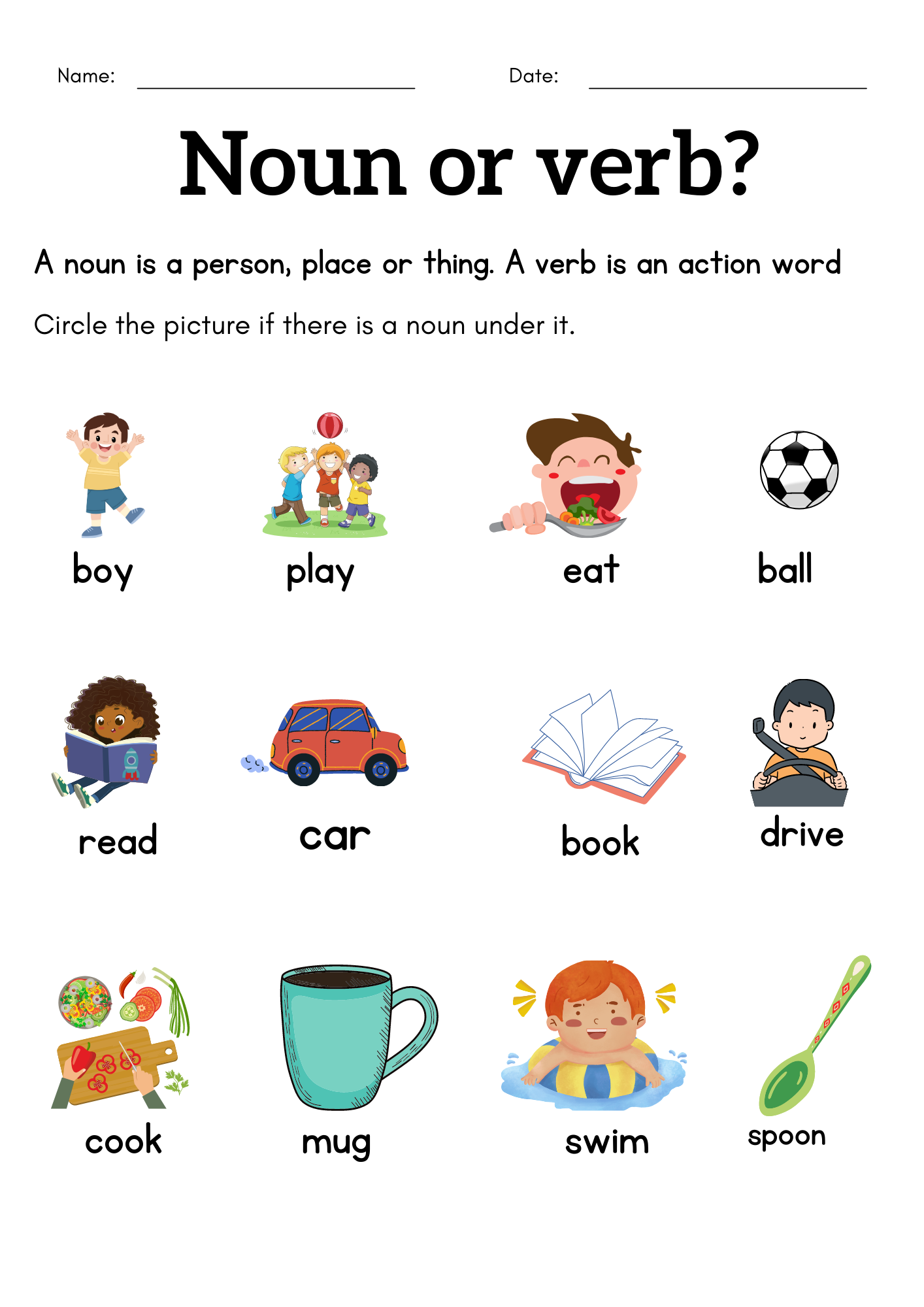 Noun And Verb Worksheet For Class 1 2 3 1st Grade Noun Verb 