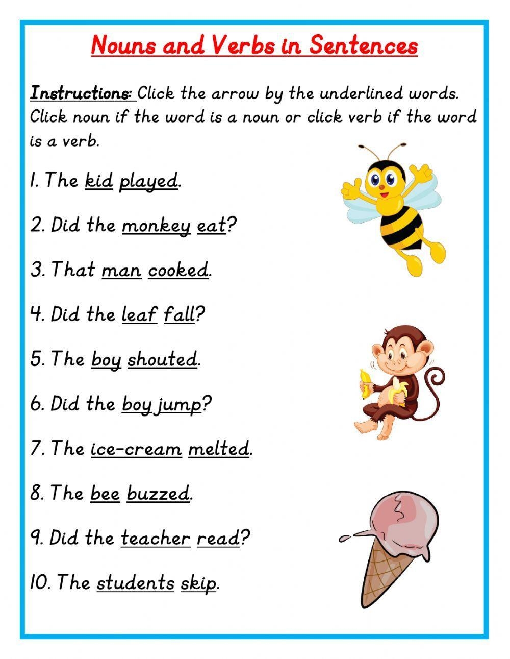 Nouns And Verbs In Sentences Worksheet Live Worksheets 