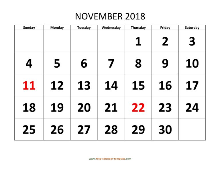 November 2018 Calendar Designed With Large Font horizontal 