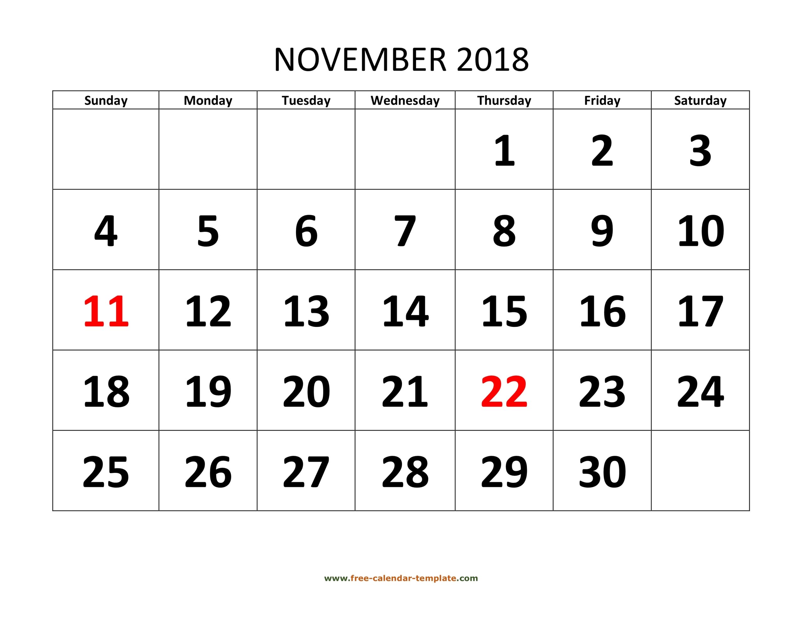 November 2018 Calendar Designed With Large Font horizontal 