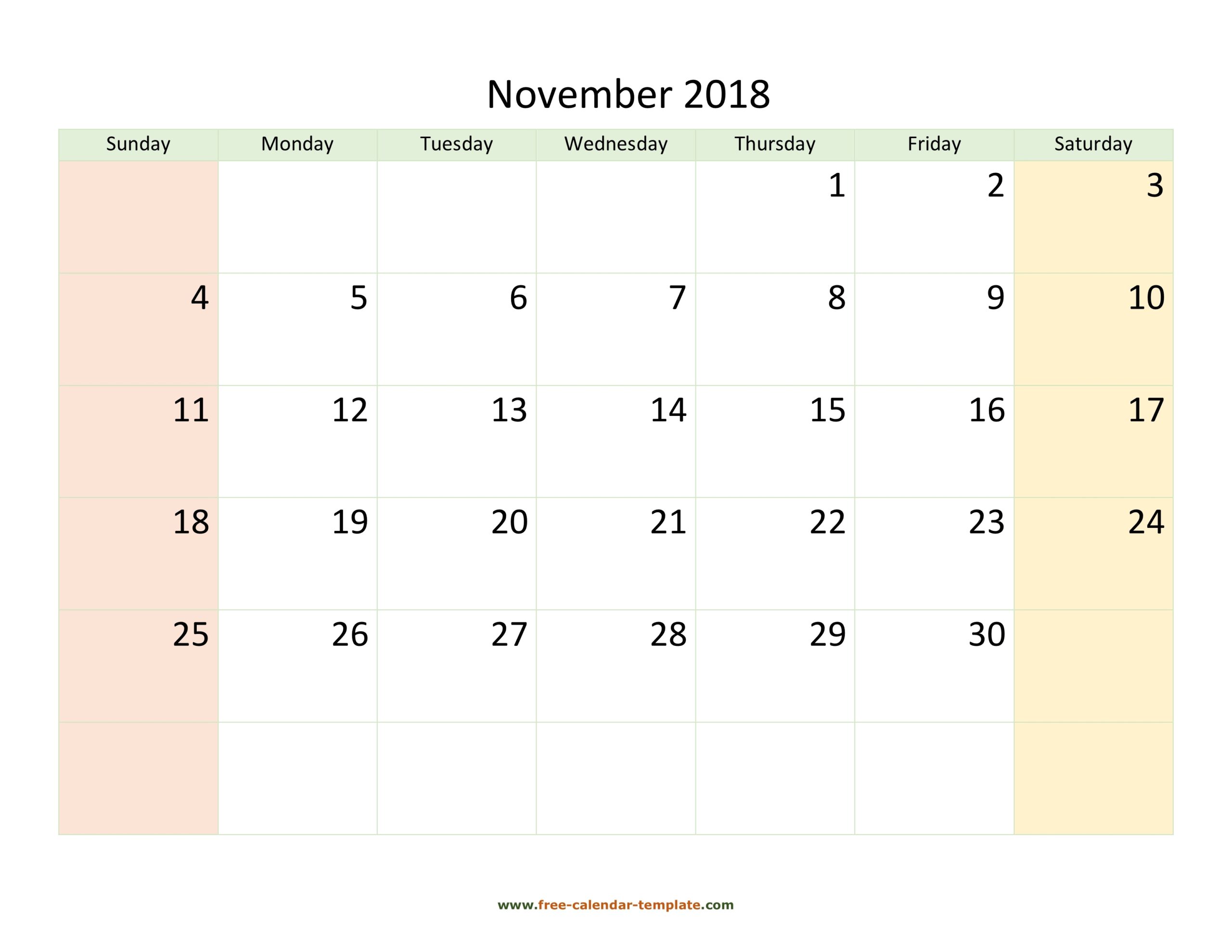 November 2018 Calendar Printable With Coloring On Weekend 