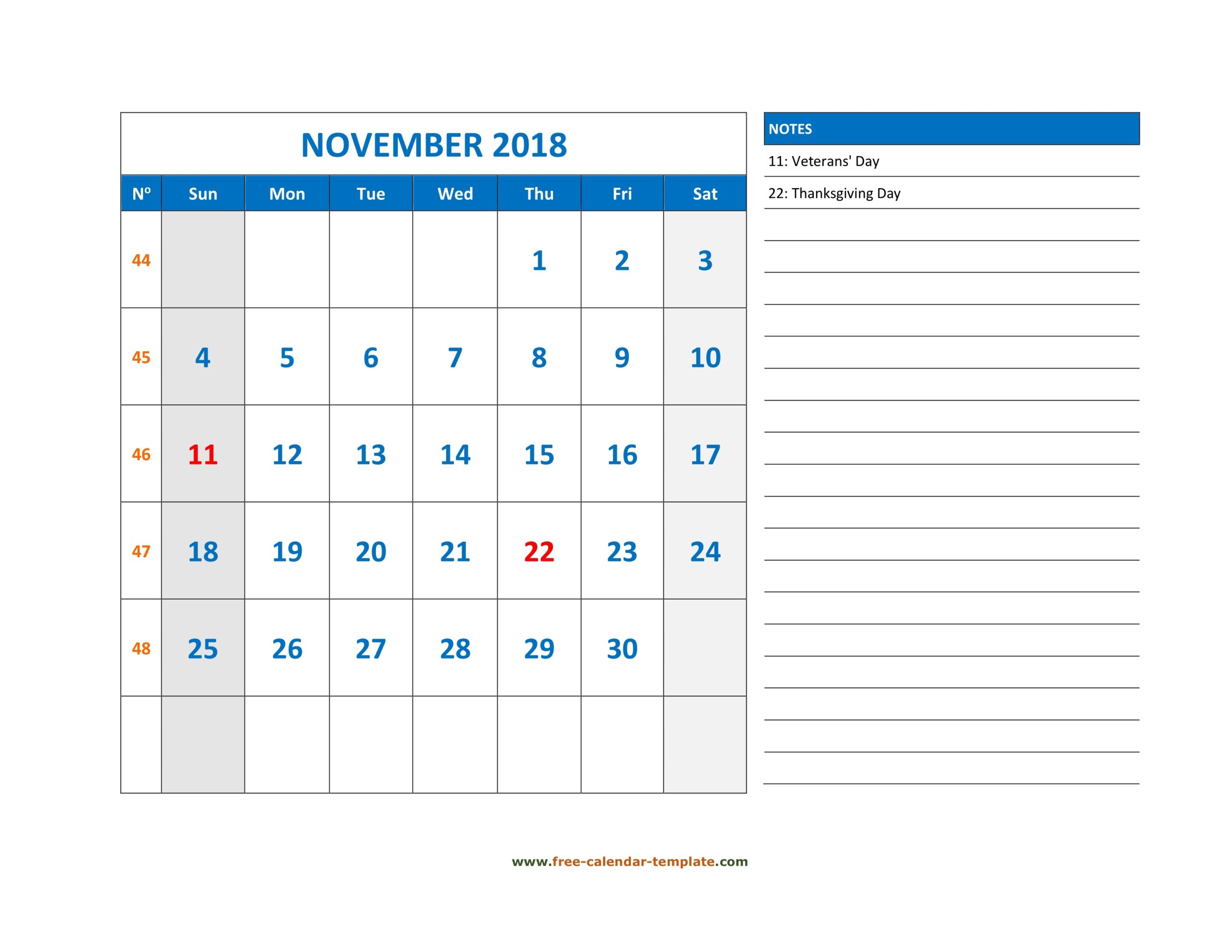 November Calendar 2018 Grid Lines For Holidays And Notes 