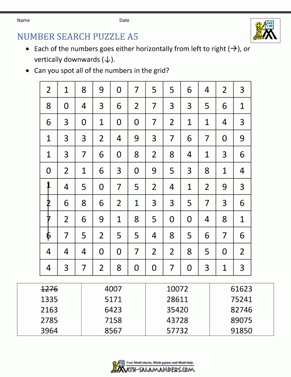Number Search Puzzles Number Search Puzzles