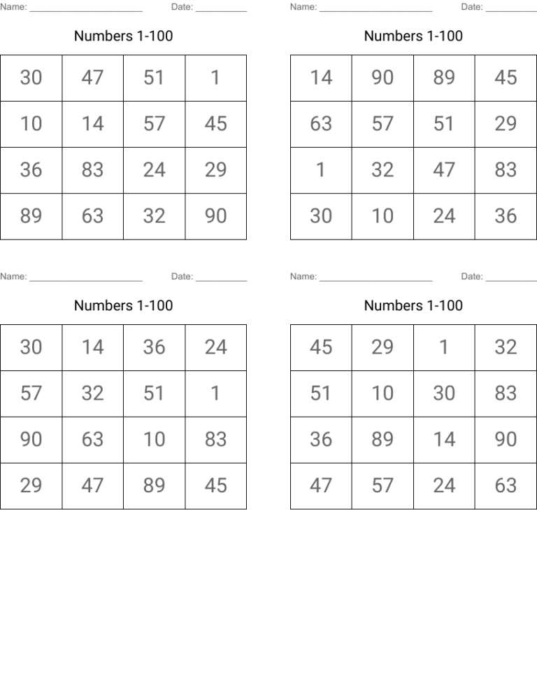 Numbers 1 100 Bingo Cards WordMint