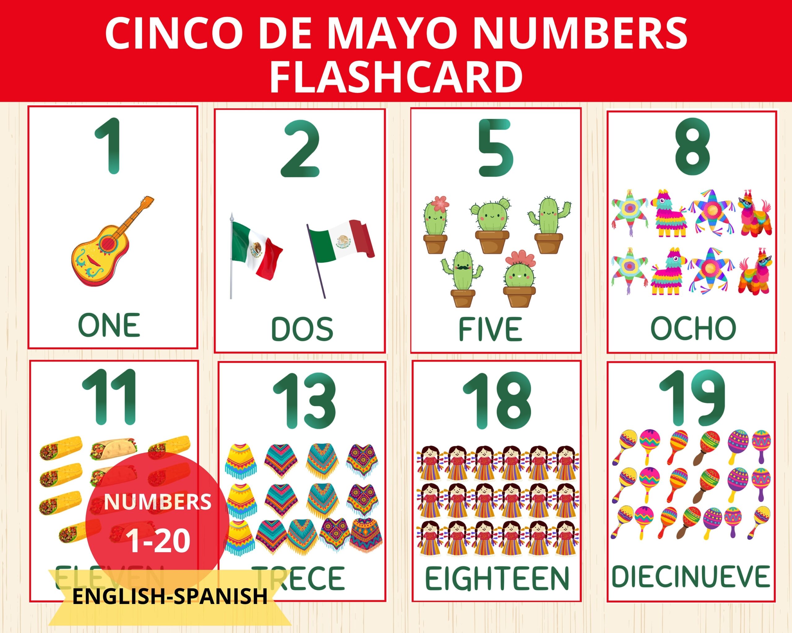 Numbers Bilingual Flashcards Spanish And English Early Learning number Cards 1 20 Printable Number Flash Card cinco De Mayo number Poster Etsy
