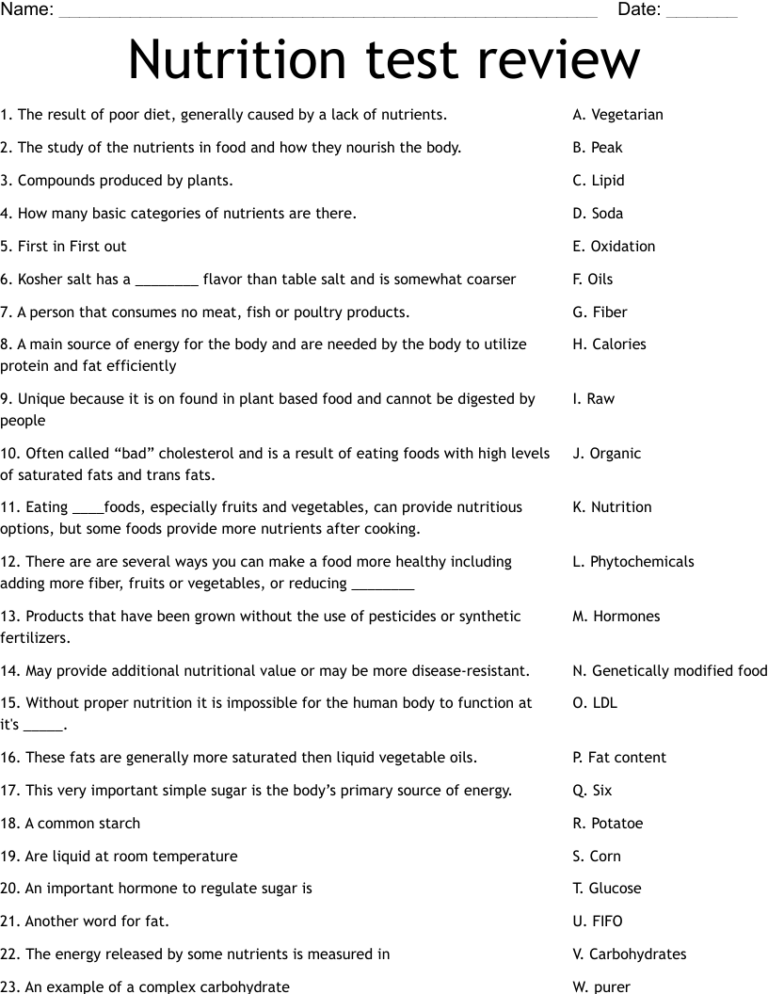 Nutrition Test Review Worksheet WordMint