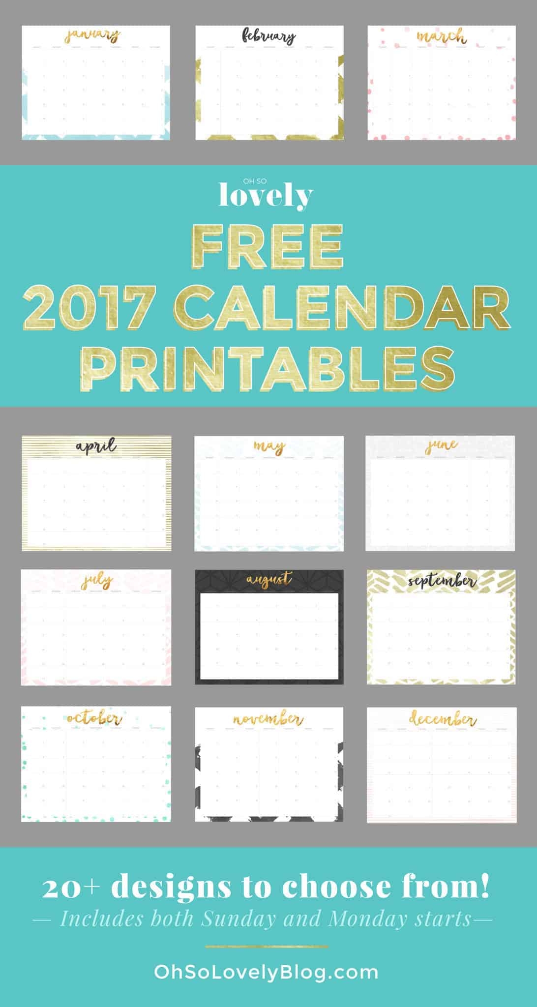 Oh So Lovely FREE 2017 Printable Calendars 20 Design Options