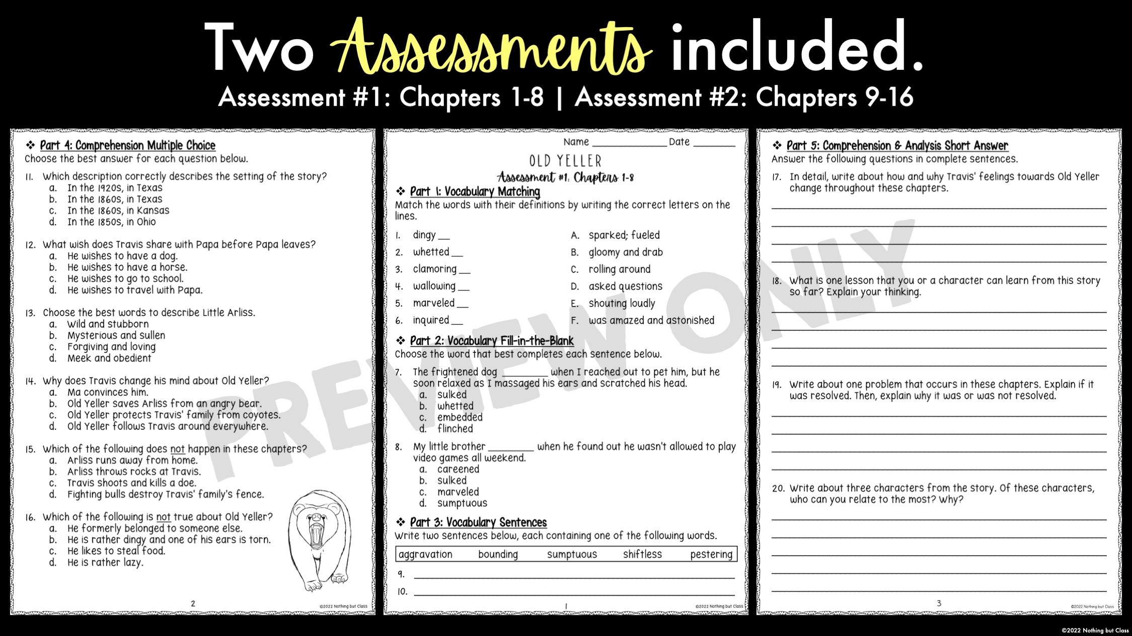 Old Yeller Novel Study Unit Comprehension Questions With Activities And Tests Classful