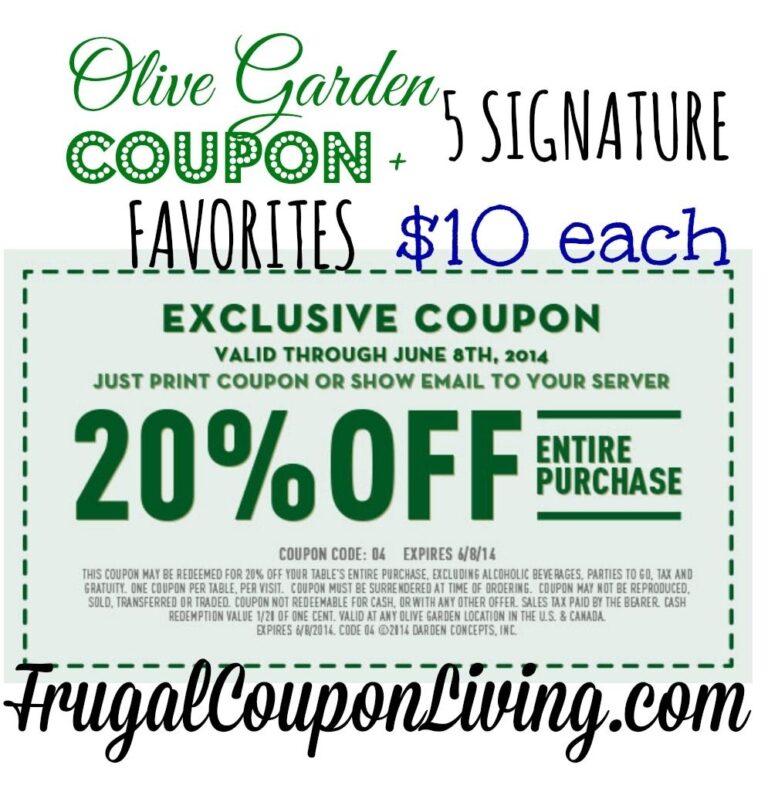 Olive Garden Coupon 20 OFF The Entire Table 10 Favorites Worksheets Library
