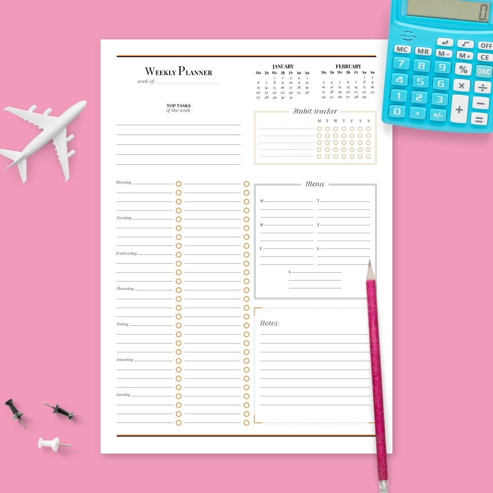 One Page Weekly Planner With Calendar