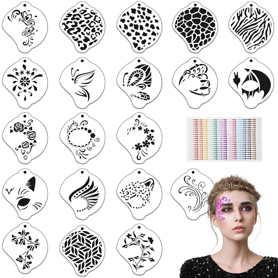 OOTSR 20 Pcs Face Paint Stencils With 900 Pcs Gems Stickers Eye Face Painting Template For Party Holiday Halloween Makeup Art Painting Reusable Soft Tattoo Stencils For Adults Amazon co uk Home U0026