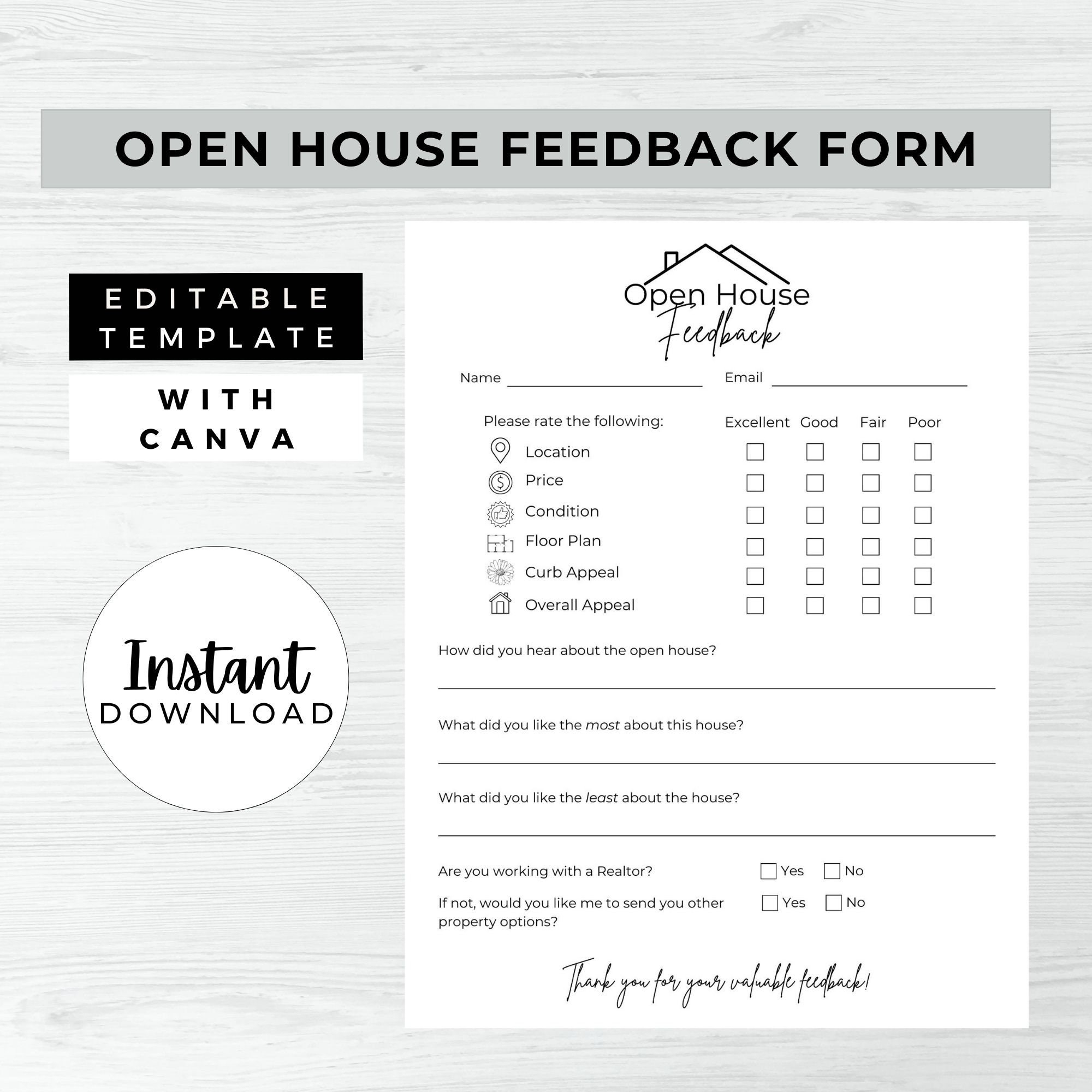 Open House Feedback Form INSTANT DOWNLOAD Feedback Form For Open House Realtor Open House Feedback Real Estate Open House Feedback Form Etsy