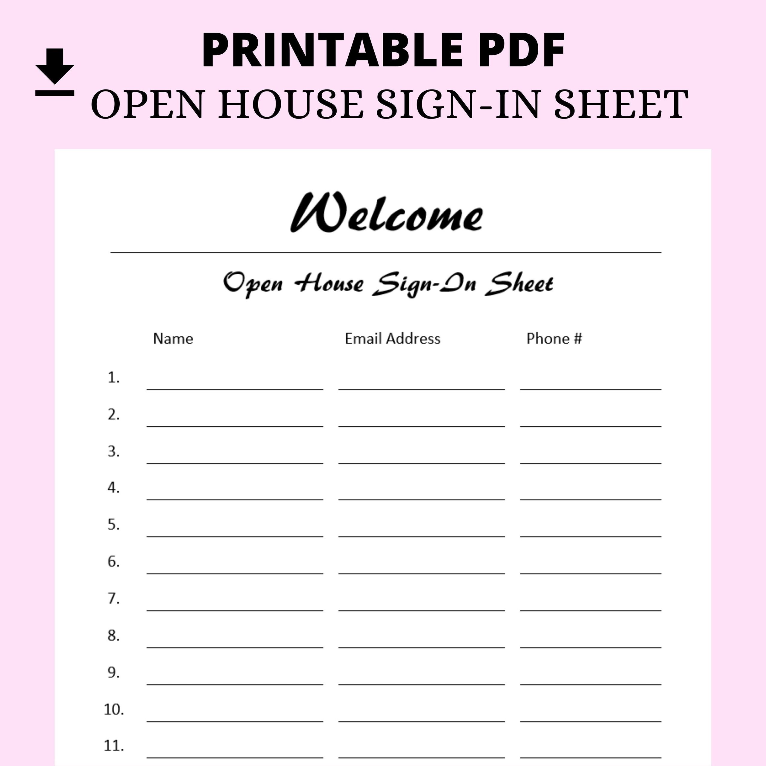 Open House Sign In Sheet Printable House Sign In Sheet Pdf Real Estate Sign In Sheet Realtor Open House Sign In Form