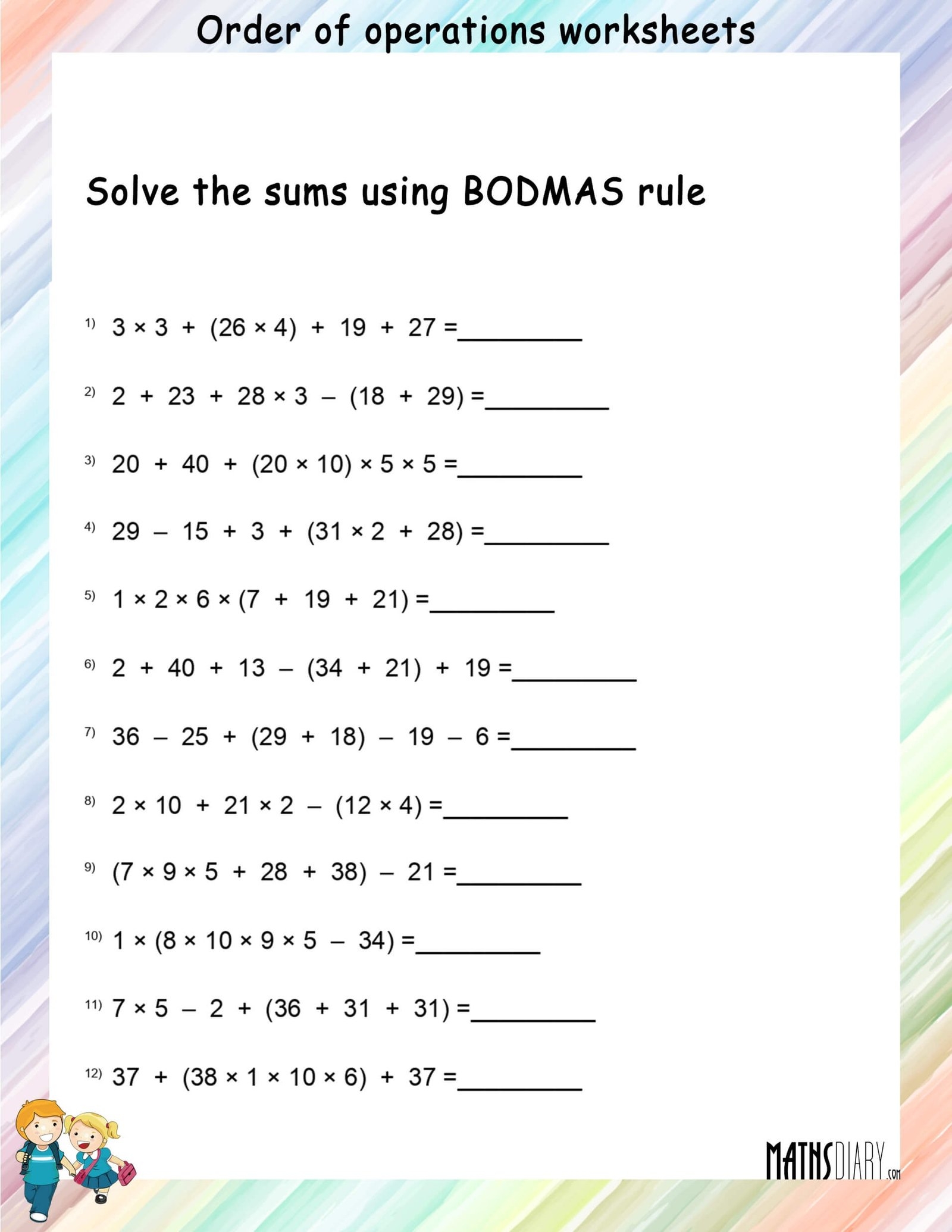 printable order of operations worksheets with answers