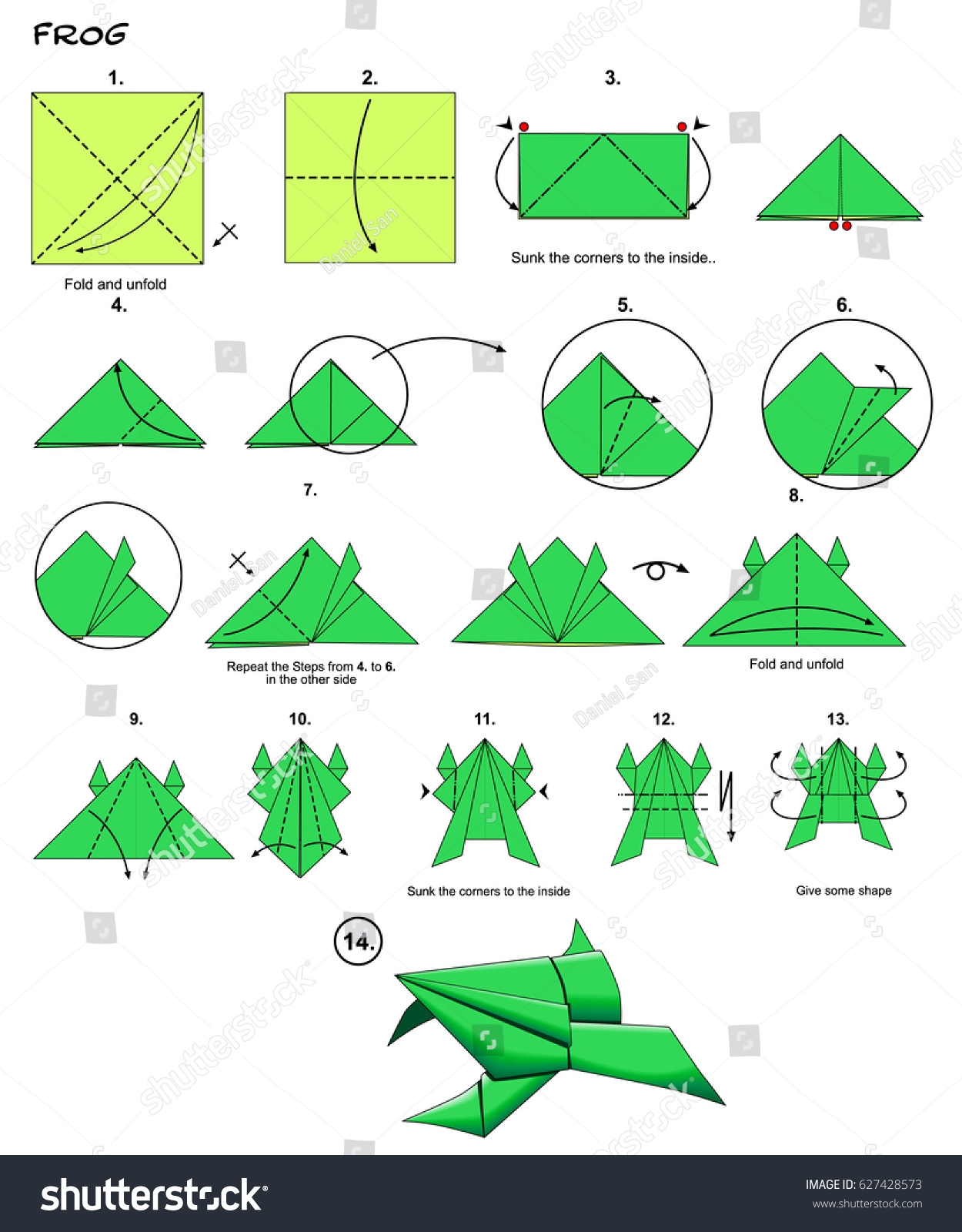 Origami Diagram Origami Frog Origami Instructions Stock 