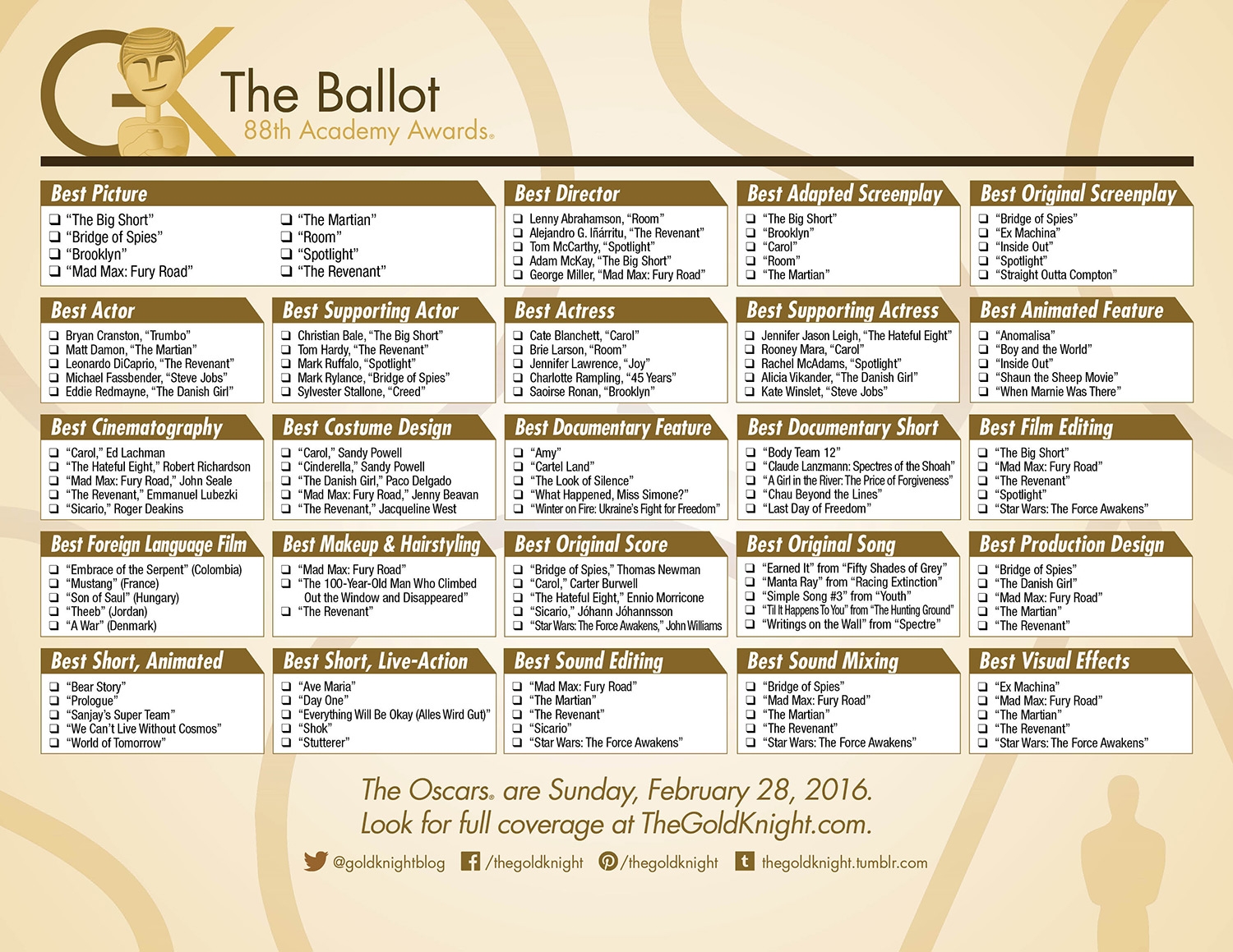 Oscars 2016 Download Our Printable Ballot The Gold Knight Worksheets Library