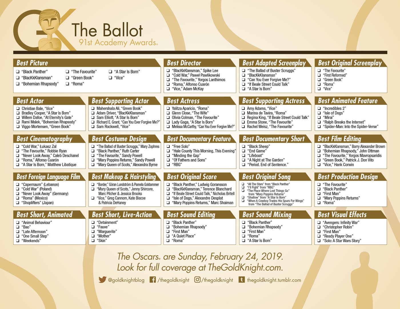 Oscars 2019 Printable Best Picture Reminder List How Many Films 