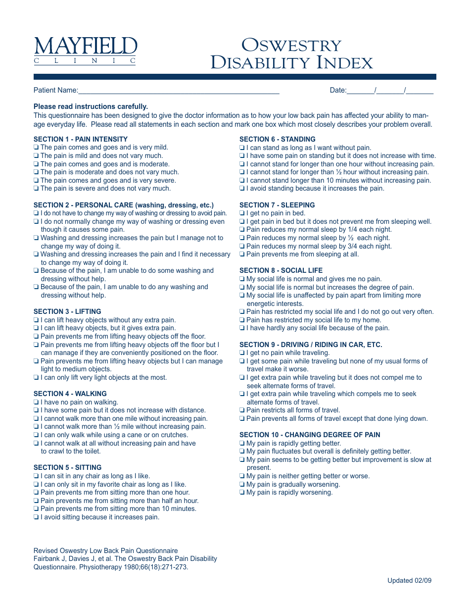 Oswestry Disability Index Questionnaire Template Mayfield Clinic 