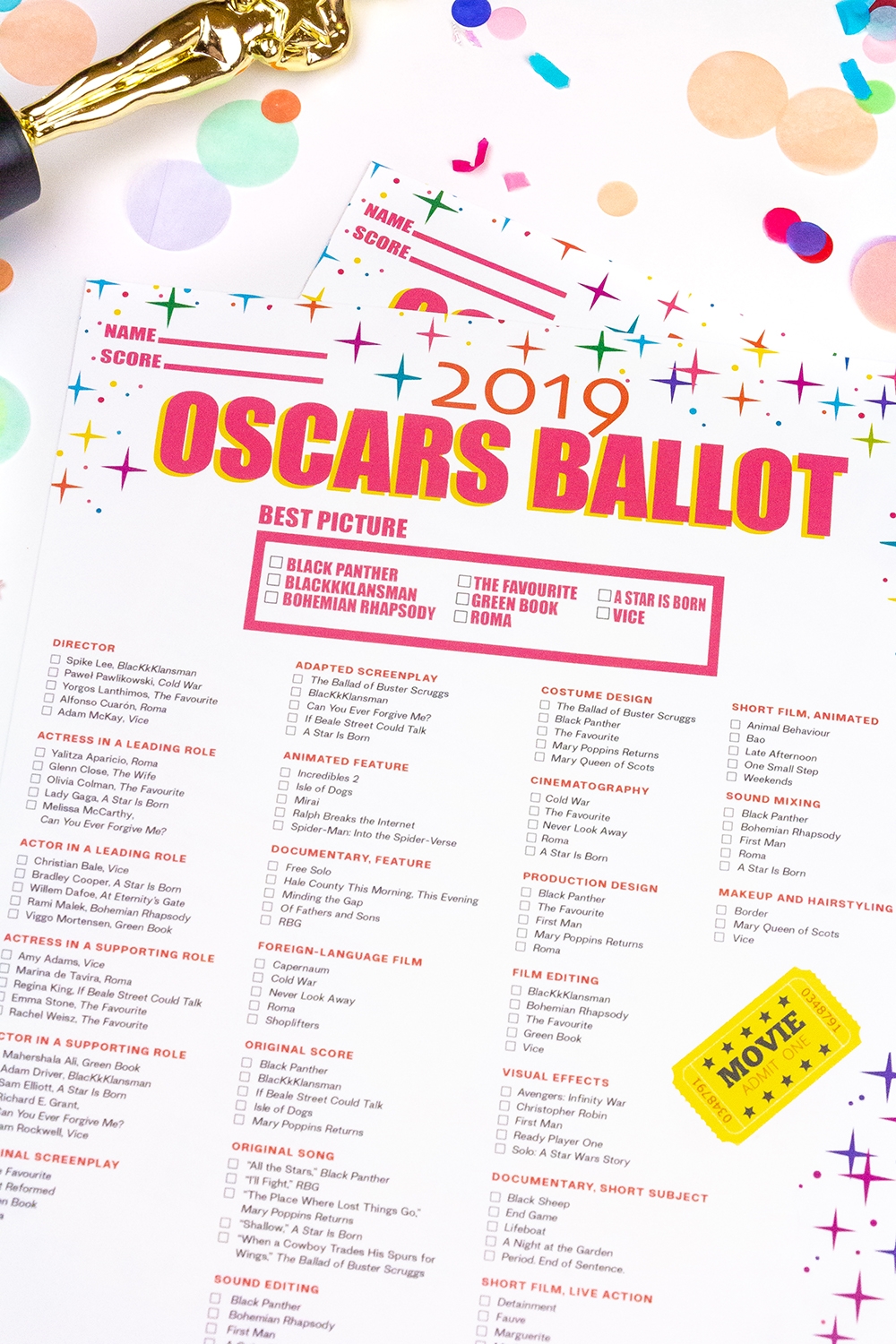 Our Free Printable Oscars 2019 Ballot Brite And Bubbly