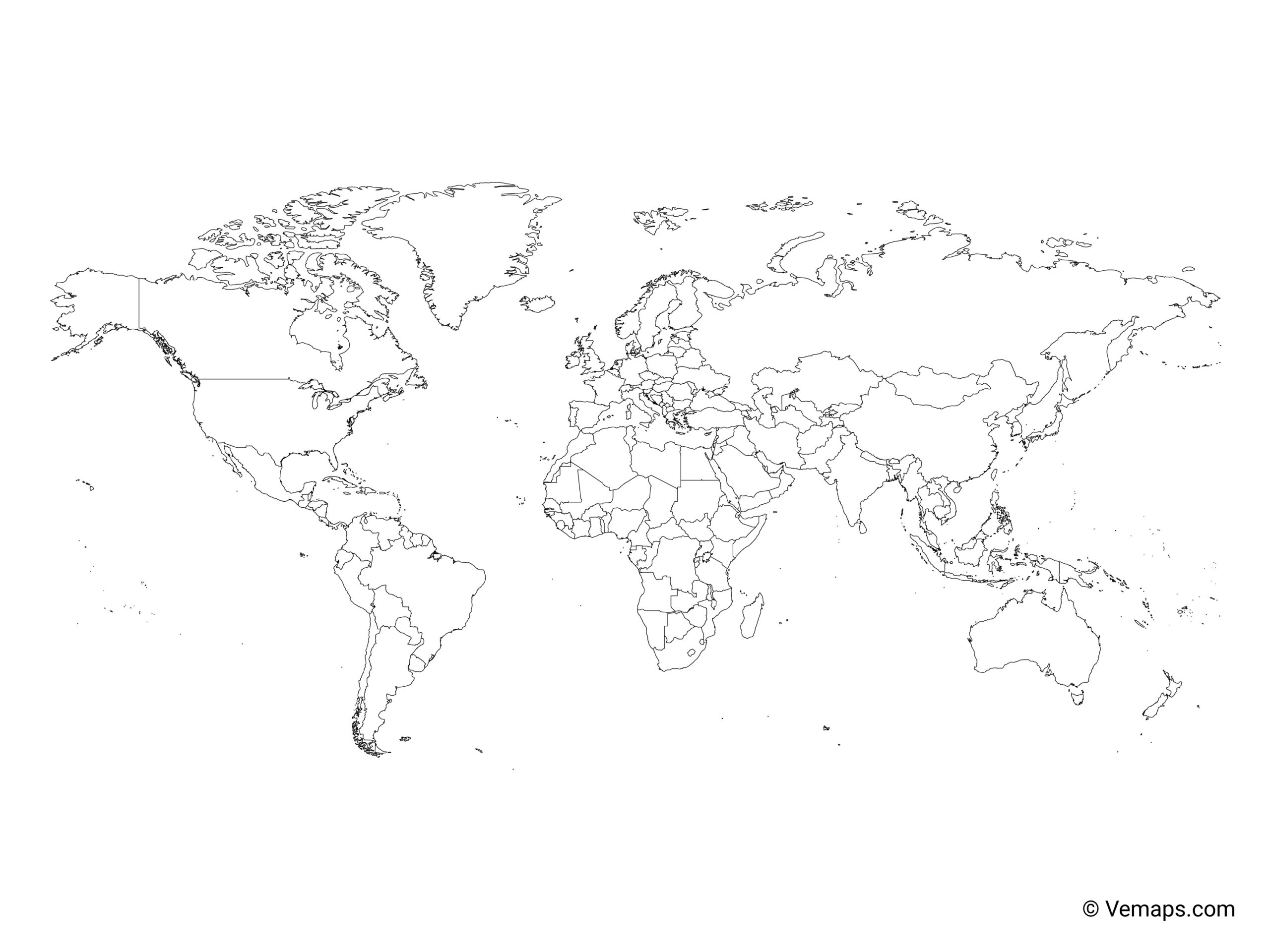 Outline Map Of The World With Countries Miller Projection Free Vector Maps