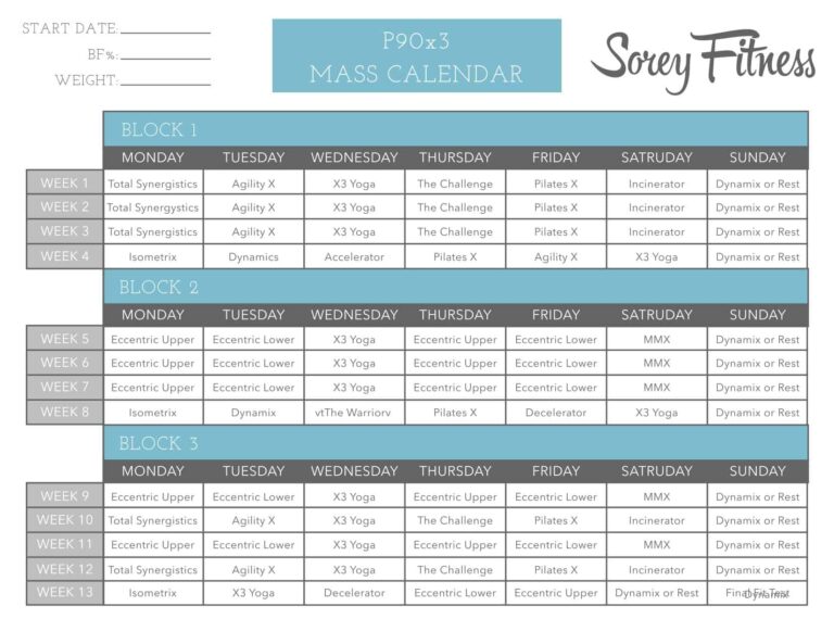 P90X3 Workout Schedule Lean Mass Classic Doubles PDFs Printable 