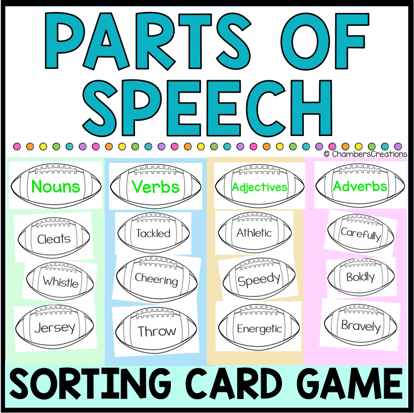 Parts Of Speech Football Themed Card Sorting Game ELA Center Nouns 