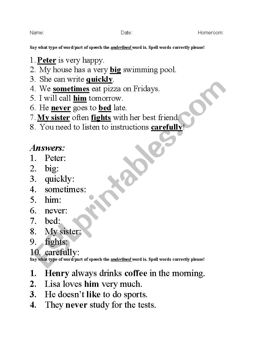 parts of speech test printable