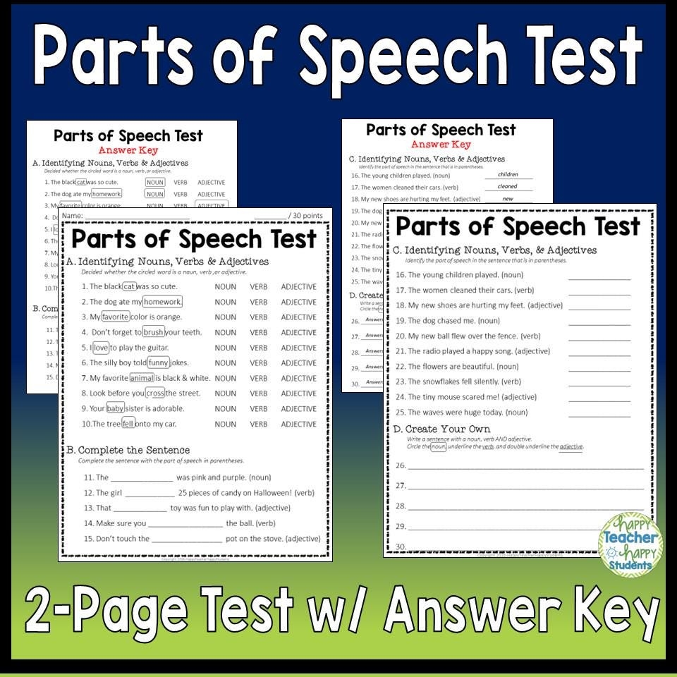 Parts Of Speech Test Identifying Nouns Verbs U0026 Adjectives Quiz 
