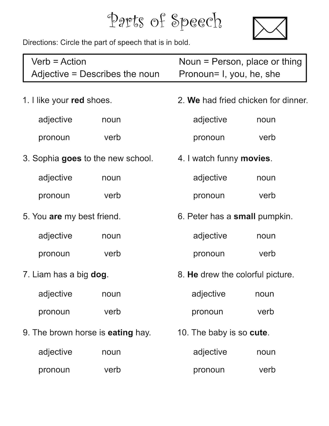 Parts Of Speech Worksheets Grades 1 3 Nouns Verbs printable PDF Etsy