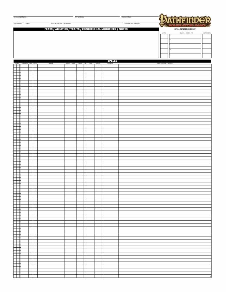 Pathfinder Spell Reference Sheet Download Printable PDF 