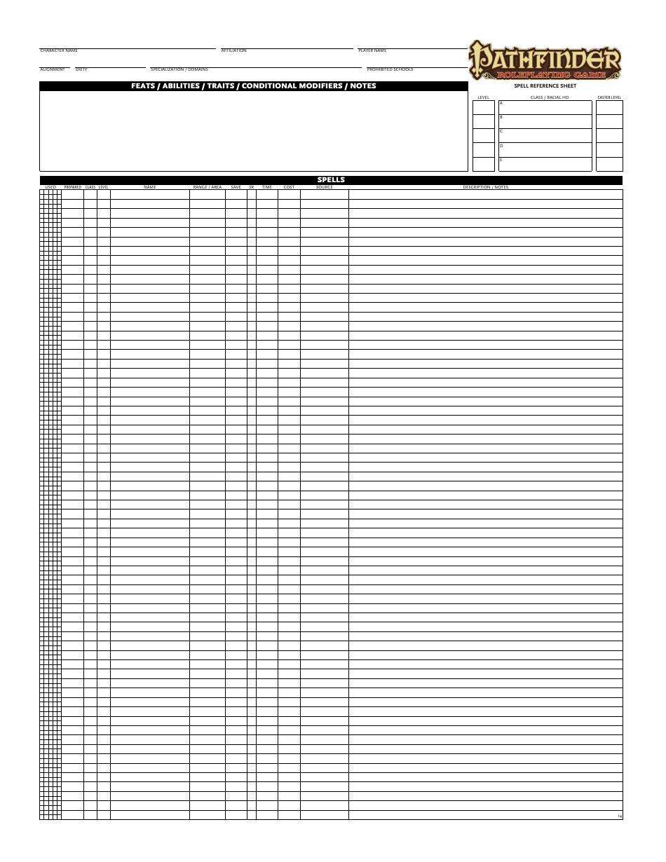 Pathfinder Spell Reference Sheet Download Printable PDF 