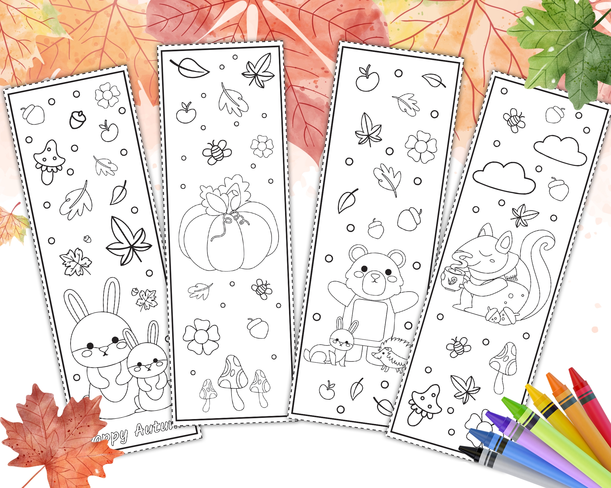 PDF Autumn Bookmarks To Color V2 Printable Fall Themed Activity 