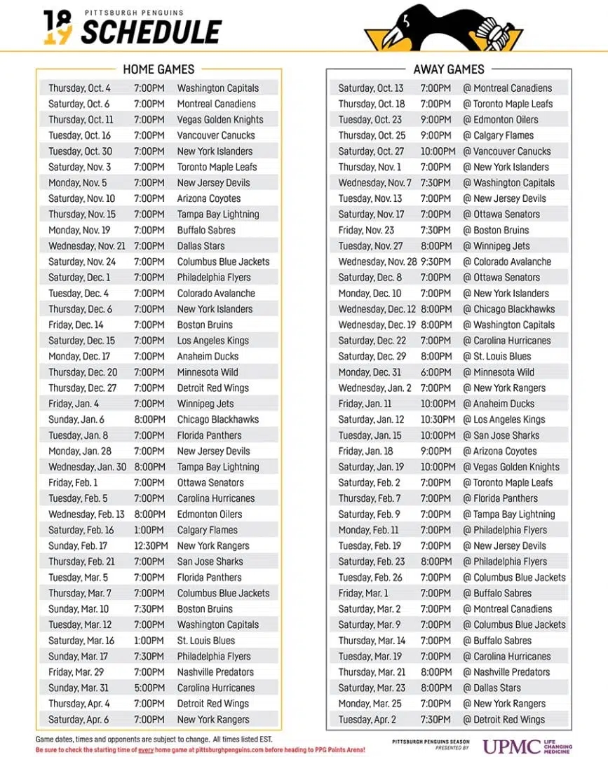 PENGUINS RELEASE 2018 2019 SCHEDULE WCCS AM1160 U0026 101 1FM