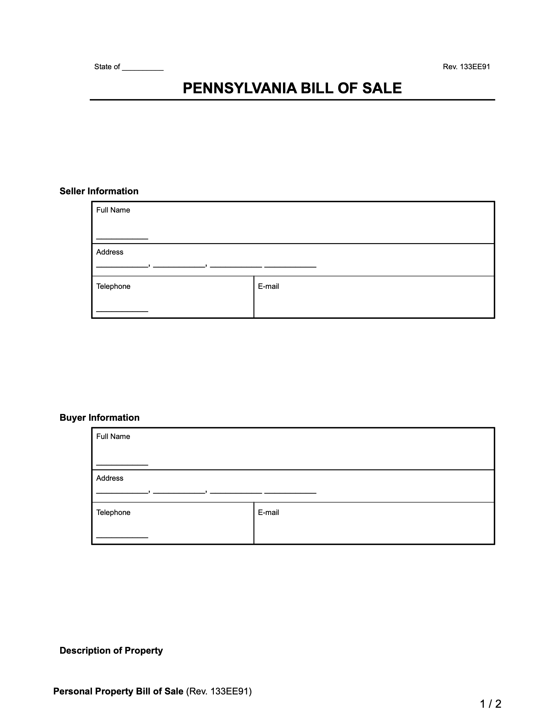 Pennsylvania Bill Of Sale Forms PDF U0026 Word
