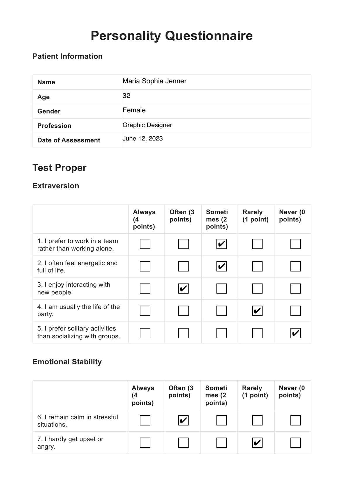 Personality Questionnaire U0026 Example Free PDF Download