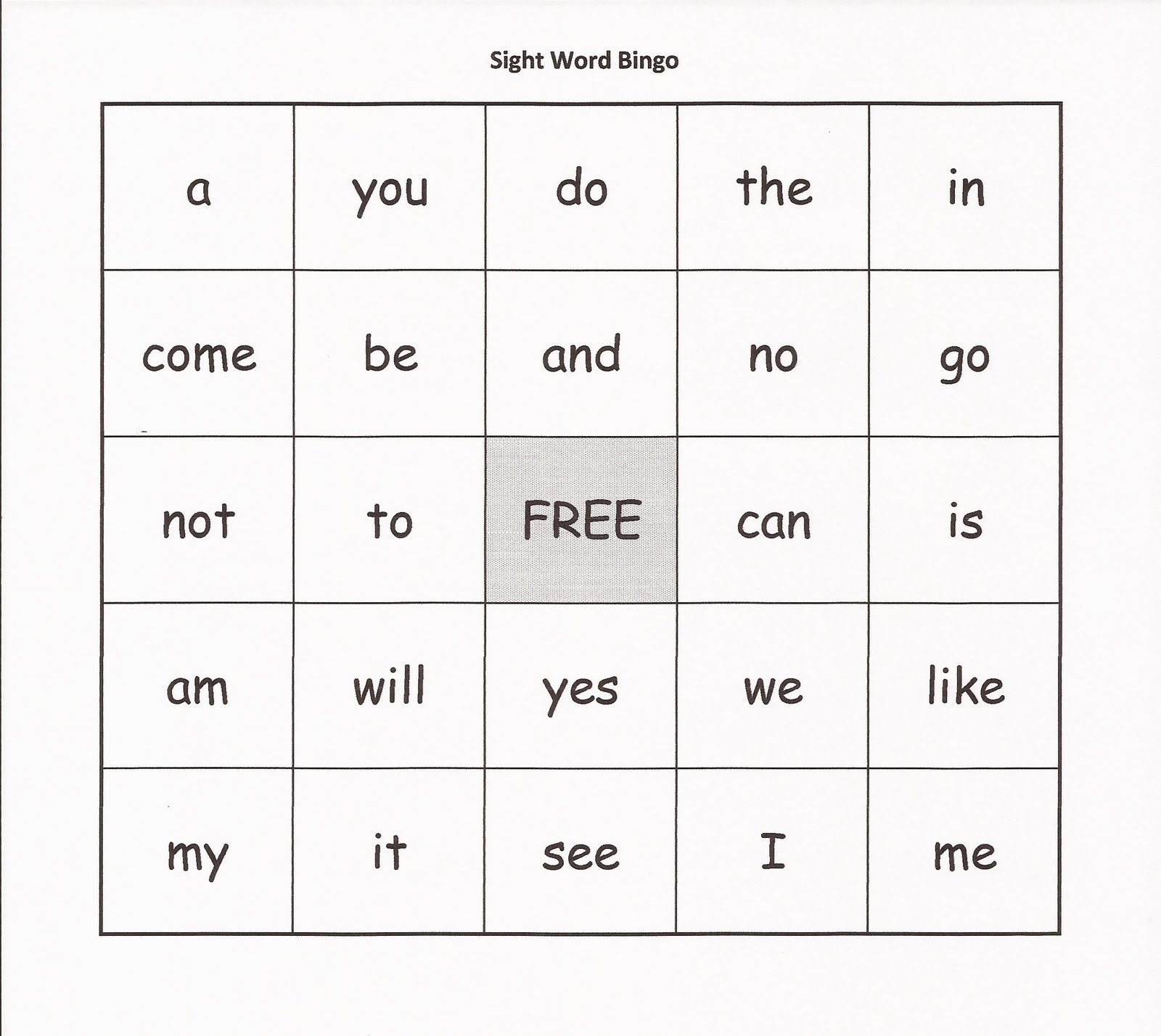 sight words bingo printable