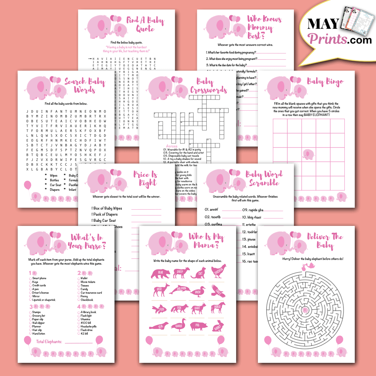 Pink Elephant Baby Shower Games 10 Printable Games In A5 A4 U0026 US