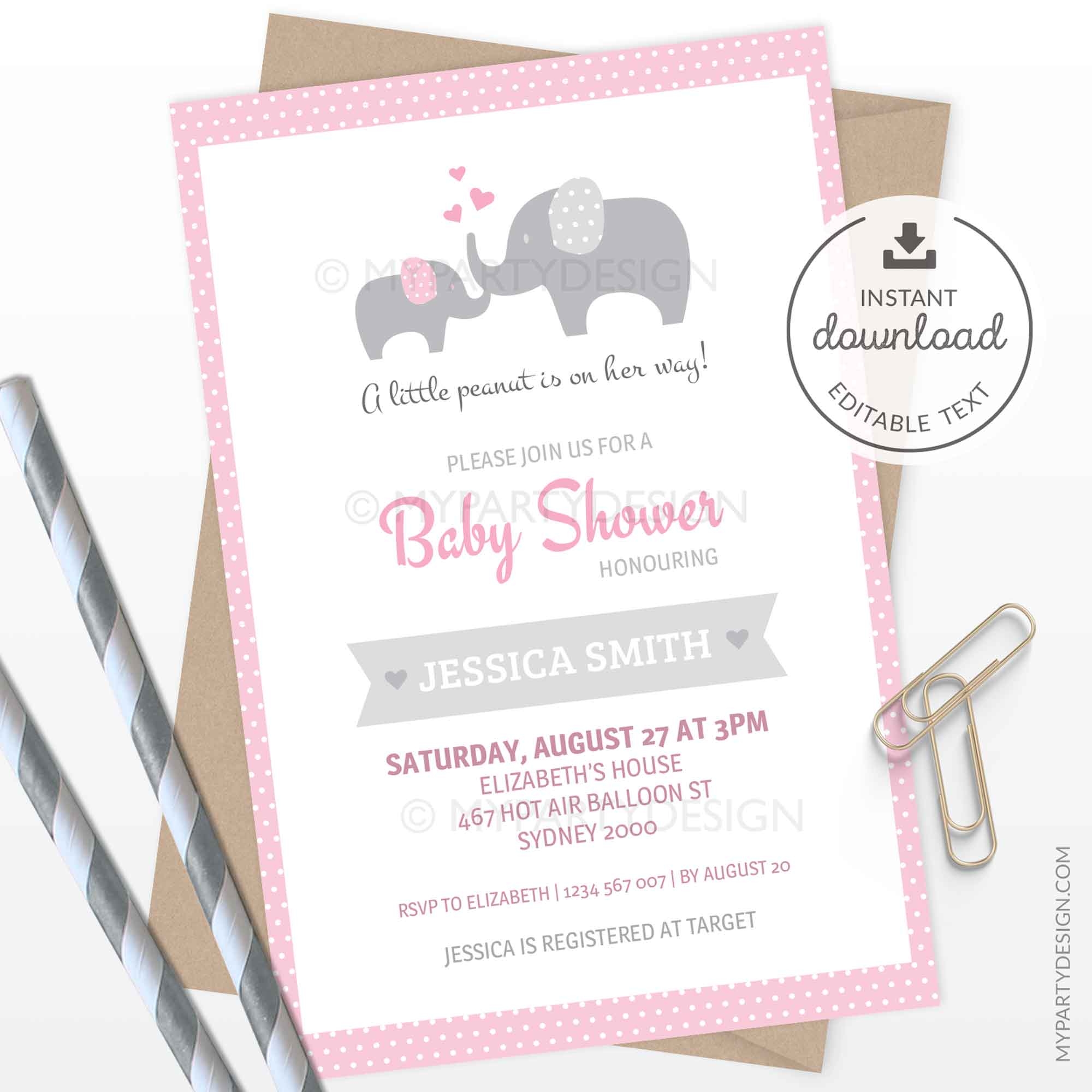 Pink Elephant Baby Shower Invitation Printable Invite My Party Design