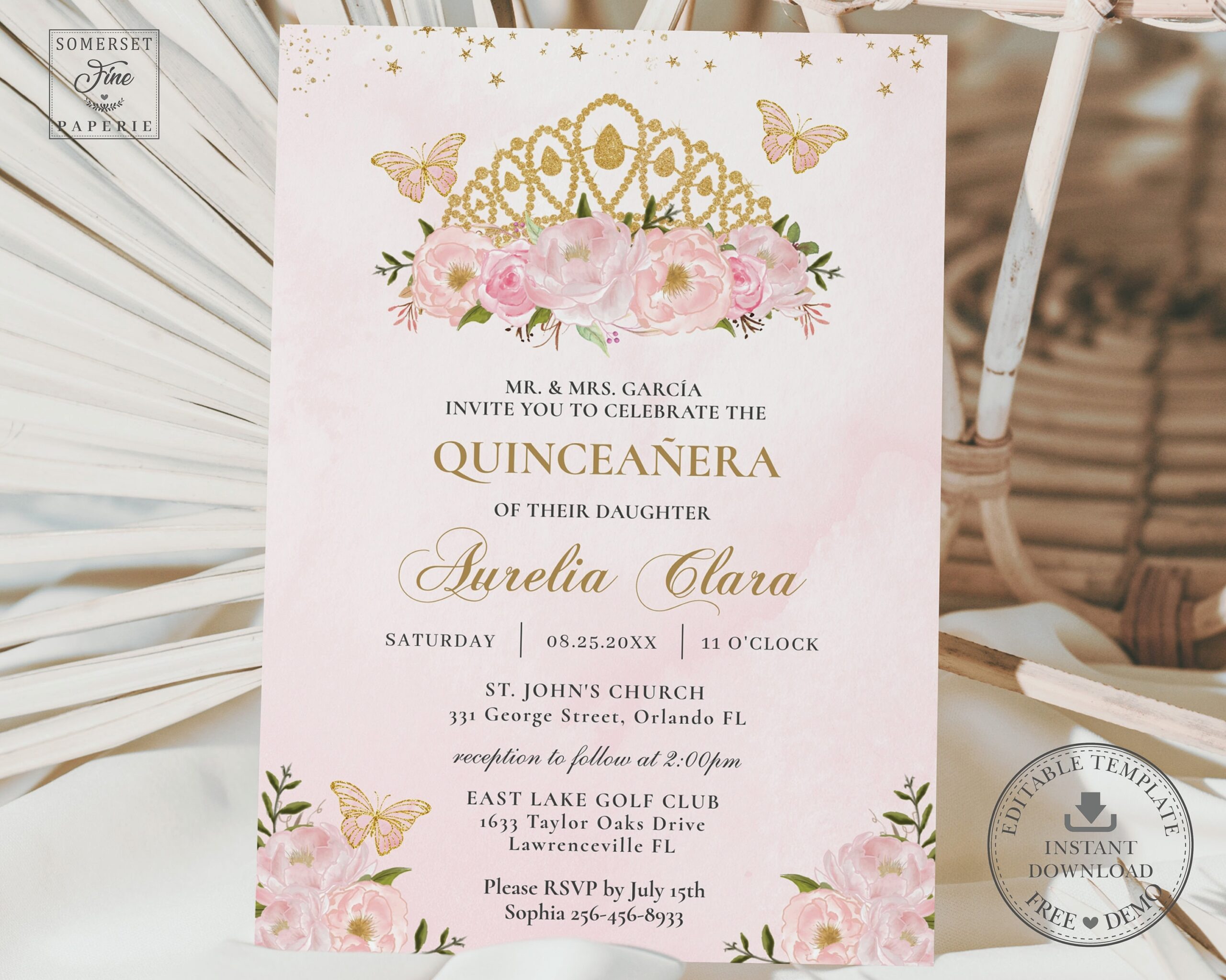 Pink Floral Princess Quincea era Invitation INSTANT DOWNLOAD Gold Tiara Crown Mis Quince 15 Anos Birthday Editable Template Printable QC27 Etsy