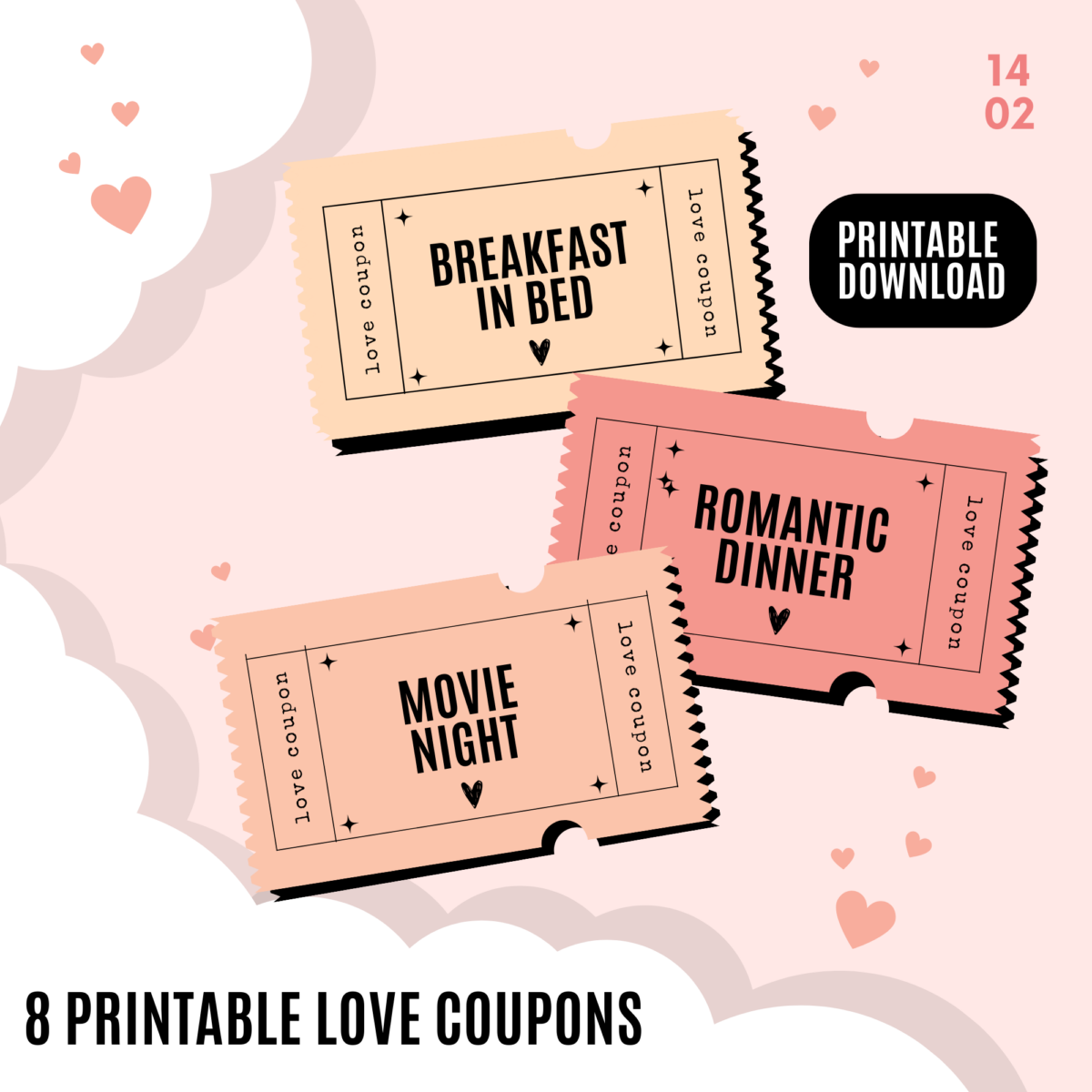 Pink Modern Valentine s Day Love Ticket Coupons Printable U0026 Editable PDF Digital Download Spend With Us Buy From A Bush Business Marketplace
