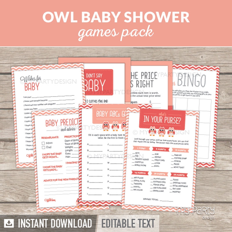 Pink Owl Baby Shower Games Printable PDF My Party Design