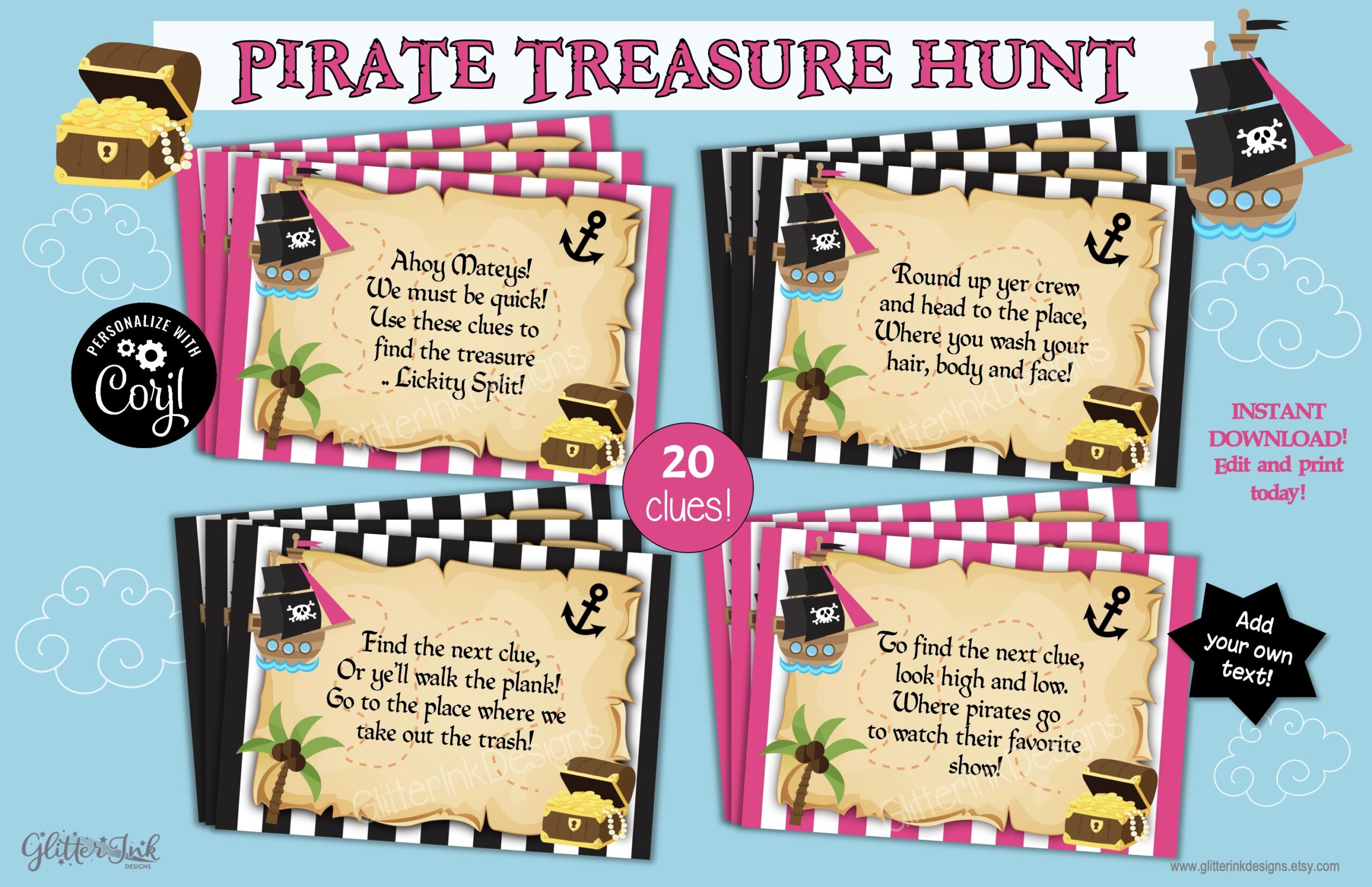 Pirate Treasure Hunt Clues For Kids Pirate Party Scavenger Hunt Clue Cards Printable Pink Pirate Birthday Party Game Edit With Corjl Etsy