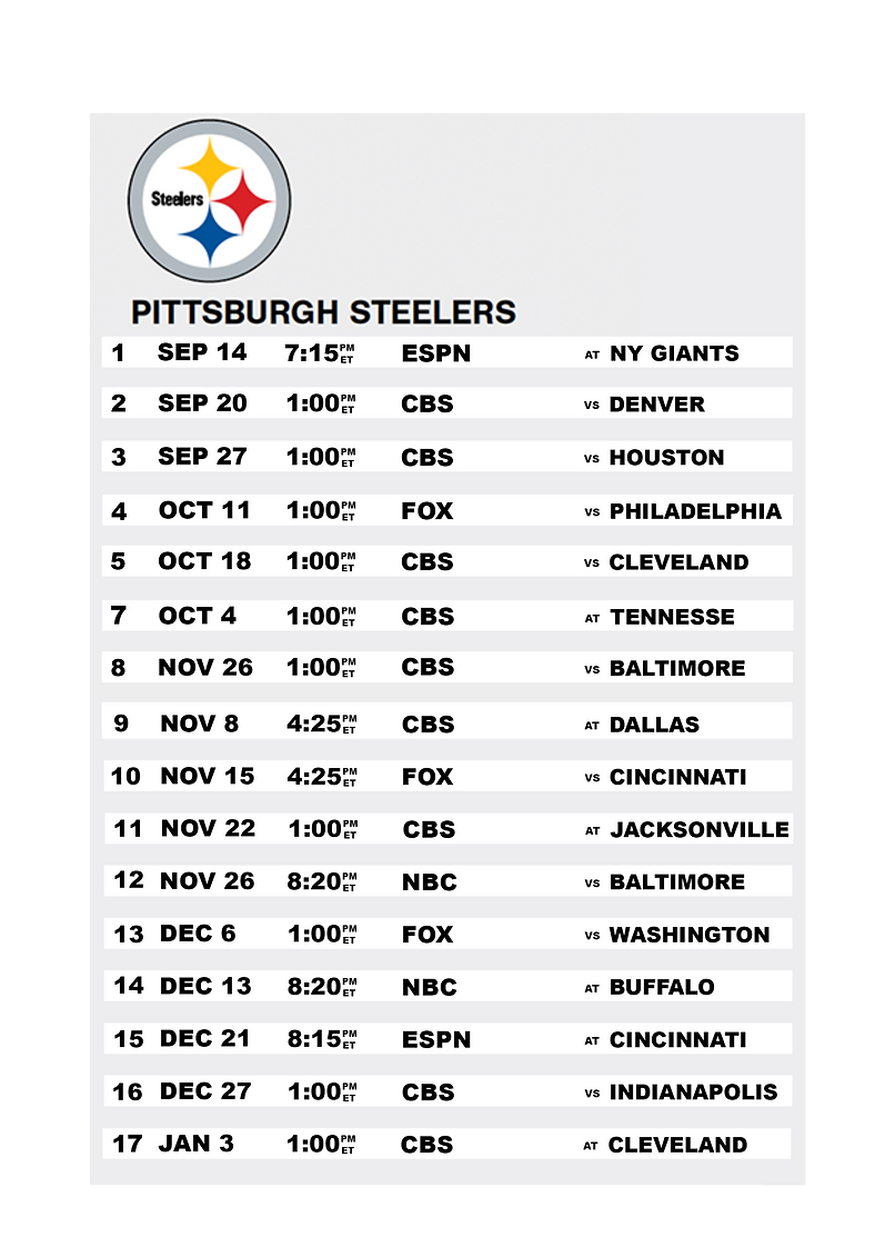 Pittsburgh Steelers 2024 Regular Season NFL Schedule ESPN 