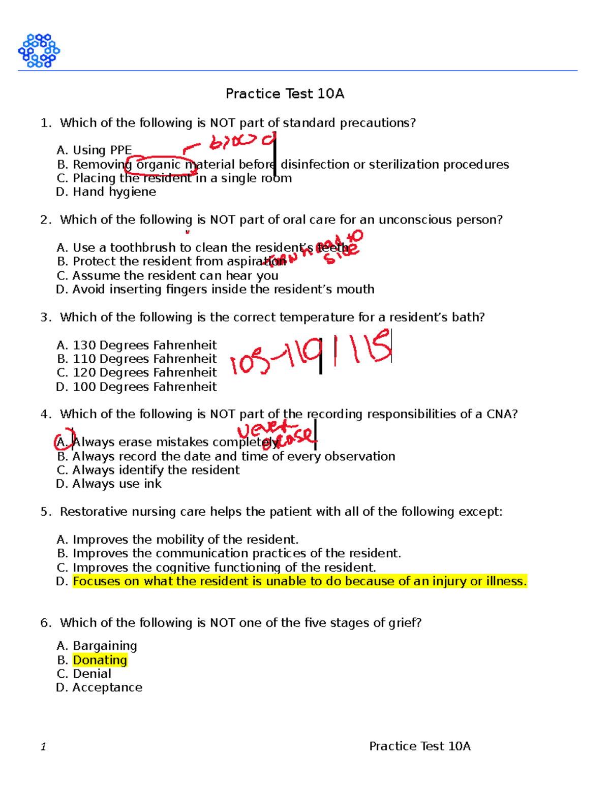 printable cna practice test printable cna practice test