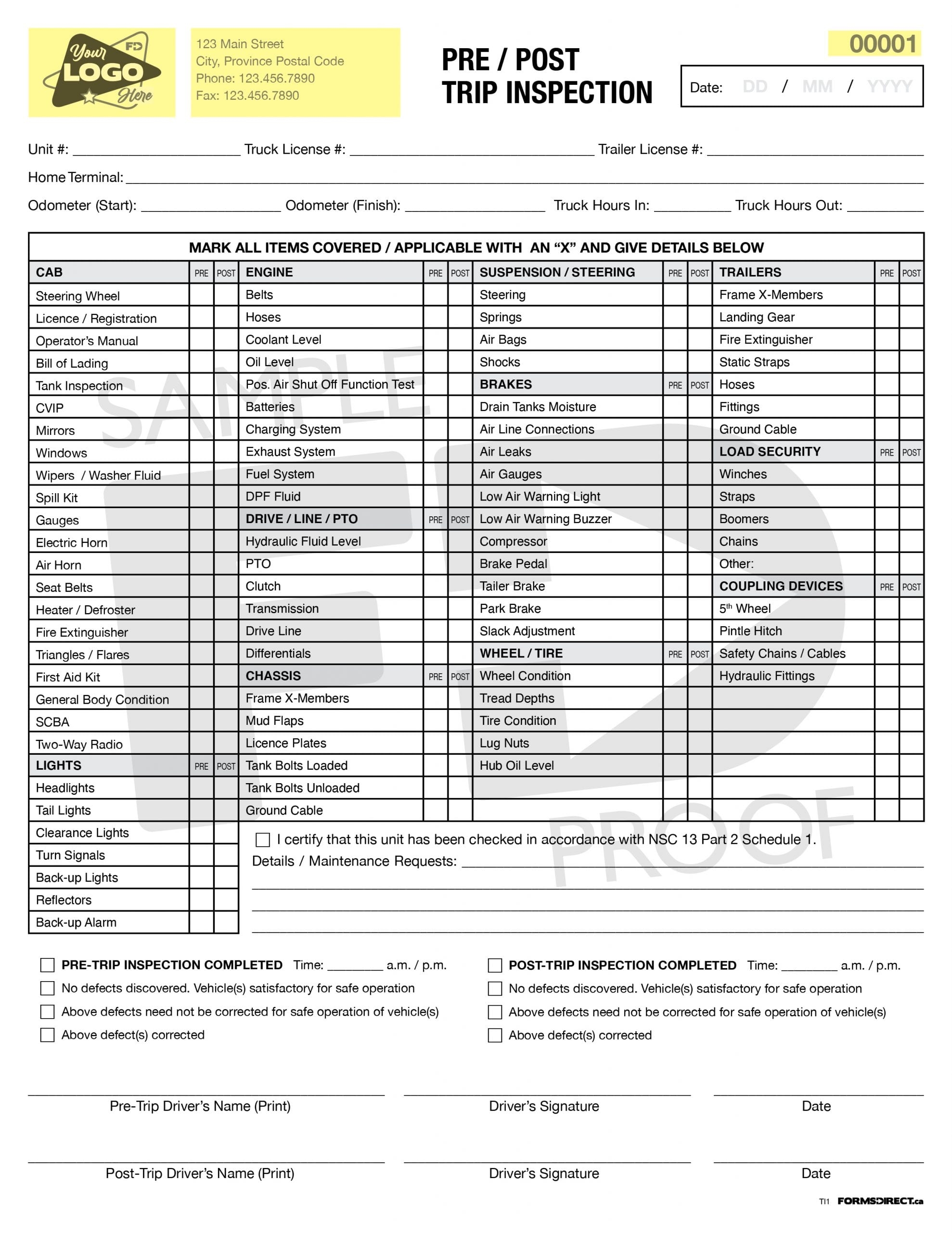 Pre Post Trip Inspection TI1 Form Template Forms Direct