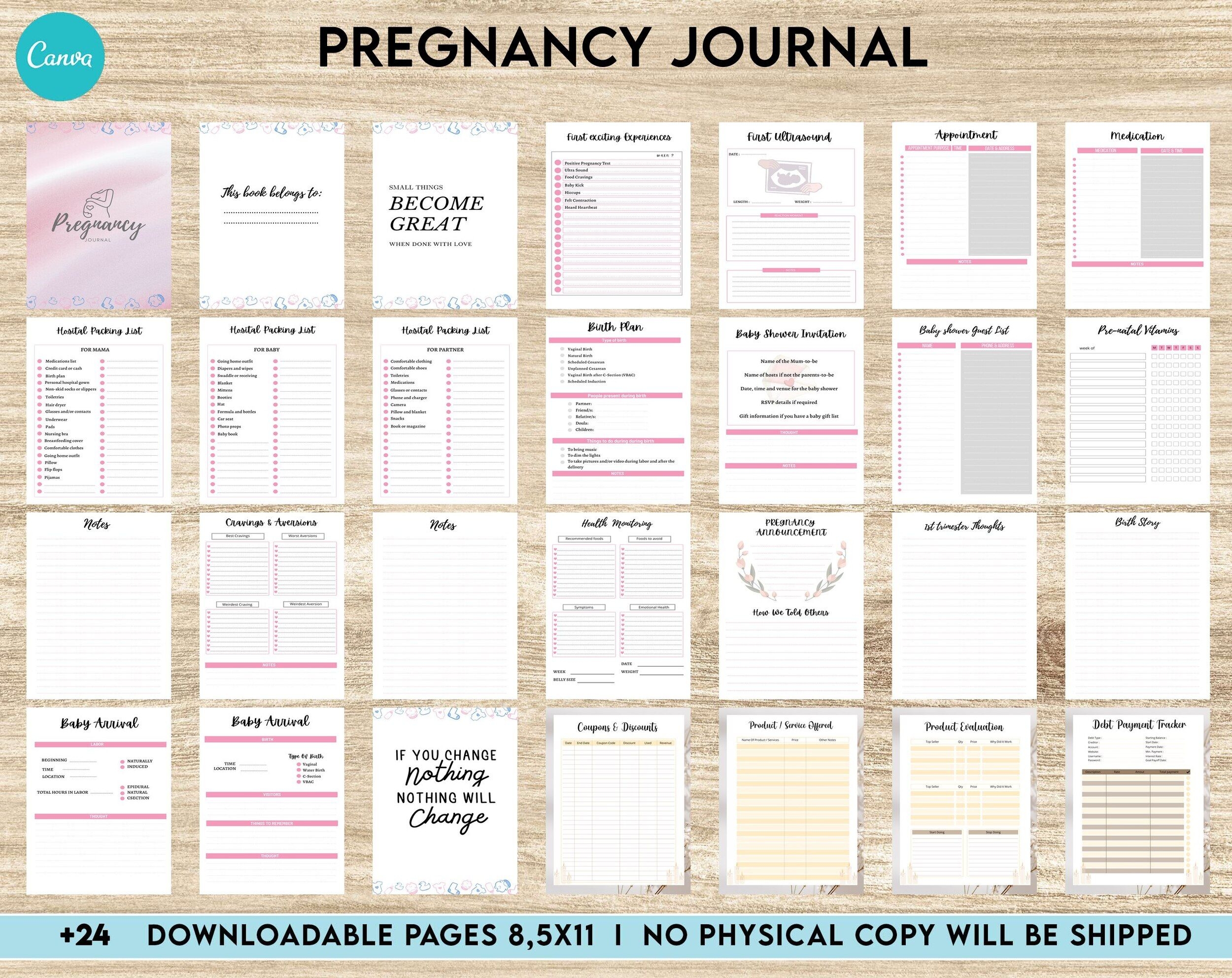 Pregnancy Journal Pregnancy Keepsake Pregnancy Planner Hospital Packing List Birth Plan Baby Shower Health Monitoring Canva Editable Interior 